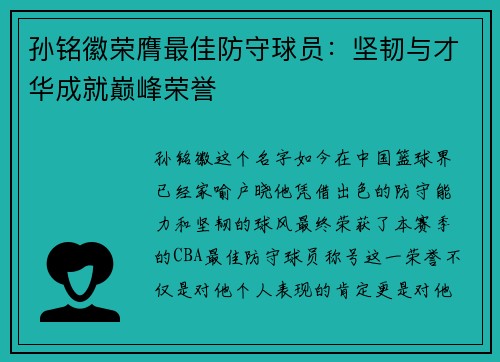 孙铭徽荣膺最佳防守球员：坚韧与才华成就巅峰荣誉